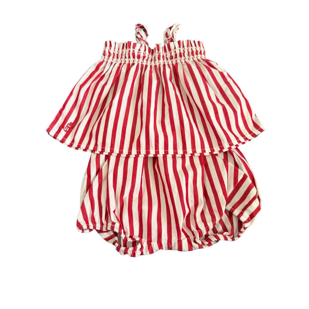 Ralph Lauren Baby Girl Red White Striped Smocked Ruffle Bloomer Set 3M Anchor